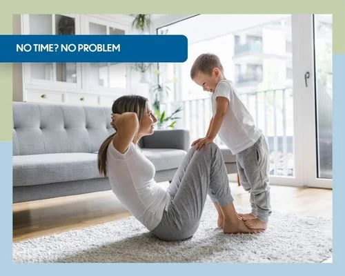 A mother doing sit-ups with her son in her living room.