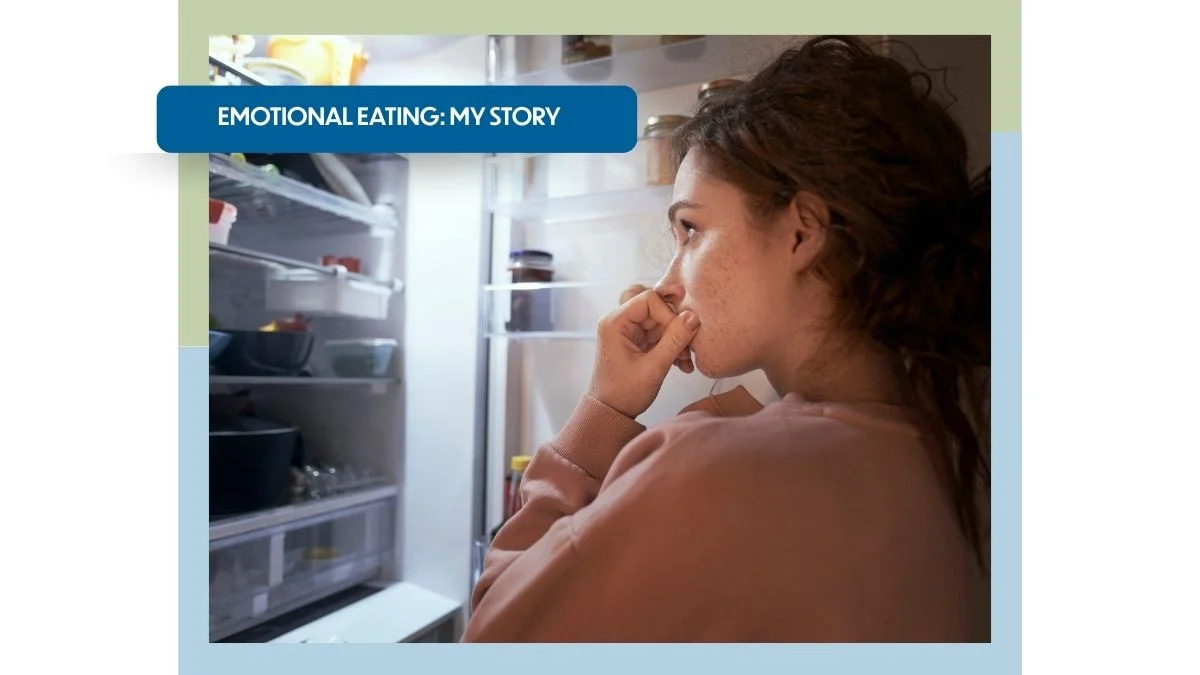 Close-up of a woman struggling with emotional eating at her fridge.