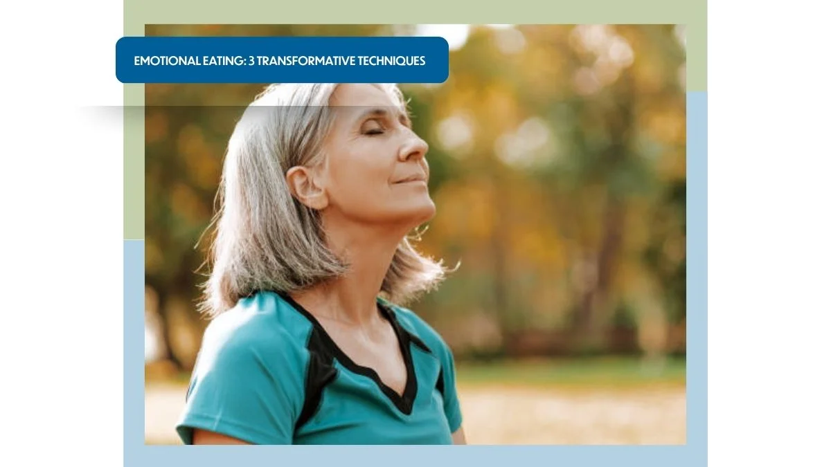 A middle-aged woman is breathing peacefully at the park while on a walk on a nice summer day.