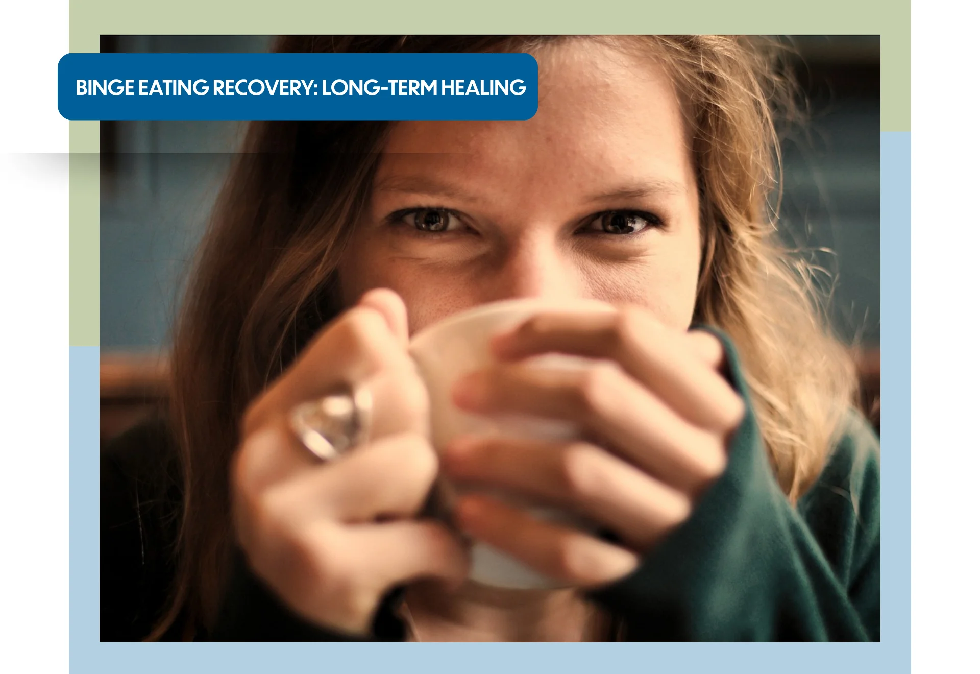 A happy woman smiling behind a teacup as she has successfully lost weight from binge eating recovery.